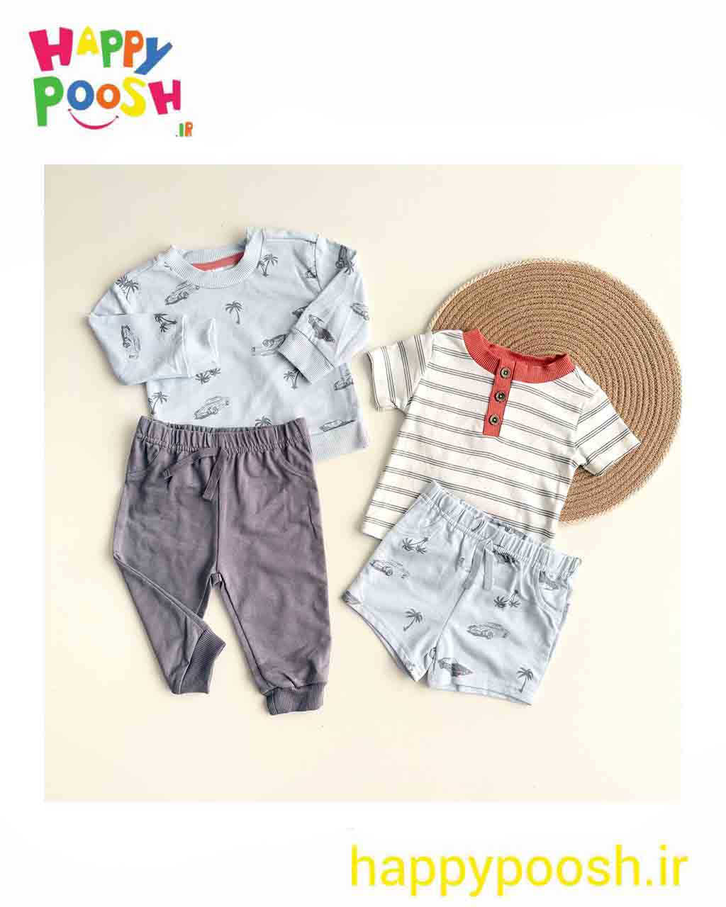 ست چهارتیکه بلوز شلوار تیشرت شلوارک آبی طوسی