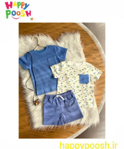 سه تیکه پسرانه تیشرت و شلوارک آبی قایق