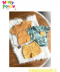 سه تیکه پسرانه تیشرت و شلوارک سبز برگ و خردلی