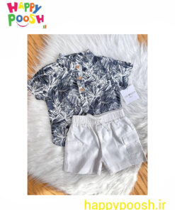 دو تیکه پسرانه پیراهن شلوارک هاوایی سرمه ای سفید