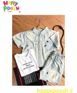 سه تیکه پسرانه پیراهن و شلوارک و تاپ طرح جین