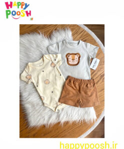 سه تیکه پسرانه تیشرت شلوارک بادی طرح شیر