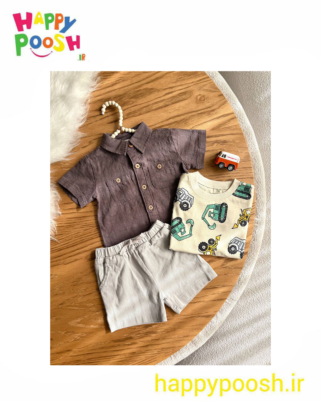 سه تیکه پسرانه پیراهن شلوارک تیشرت طرح تراکتور